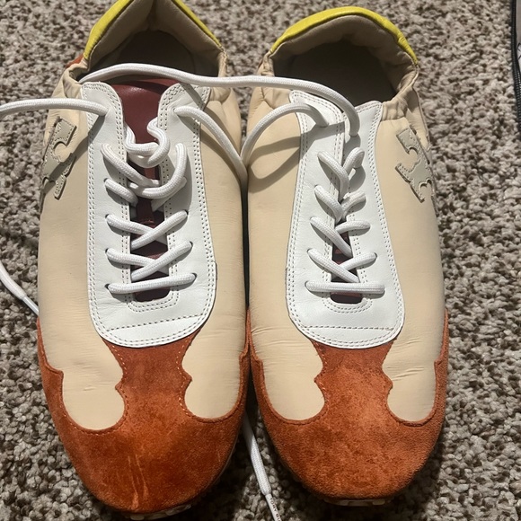 TORY BURCH TORY SNEAKER NYLON/LEATHER/SUEDE T LOGO IVORY/TAN/RUST SZ US 11 - Picture 4 of 8